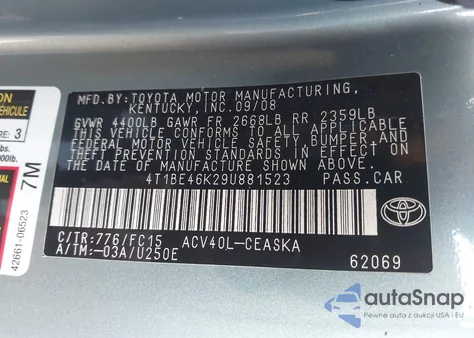 2009 Toyota Camry Se from USA, damaged, VIN 4T1BE46K29U881523